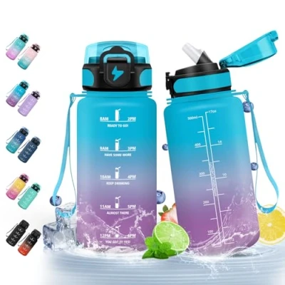 Abbildung von HoneyHolly Trinkflasche 500ml, Auslaufsicher, Wasserflasche BPA Frei, Motivierende mit Zeitmarkierung, Strohhalm, Sportflasche, Sport für Kinder, Schule, Fahrrad