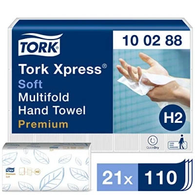Abbildung von Tork Xpress weiche Multifold Papierhandtücher 100288 H2 Premium Falthandtücher für Handtuchspender weich und saugfähig, 2 lagig, weiß 21 x 110 Tücher