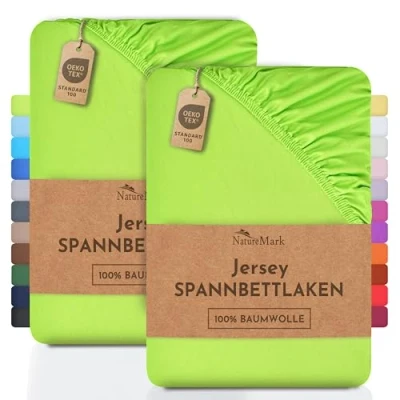Abbildung von NatureMark 2er Pack Jersey Spannbettlaken, Spannbetttuch 100% Baumwolle in vielen Größen und Farben MARKENQUALITÄT ÖKOTEX Standard 100 90 x 200 cm Apfel grün