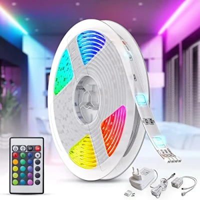 Abbildung von B.K.Licht LED Strip 5m mit Fernbedienung, buntes RGB Licht, dimmbar, Streifen, Leiste, Zimmer Deko, Gaming Band, Lichtleiste, Lichtband, 500x1x3 cm, Weiß