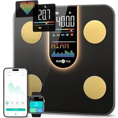 Abbildung von RunSTAR Körperfettwaage, Digitale Personenwaage mit 8 in 1 VA Display für Körpergewicht, Herzfrequenz, BMI, Körperfett und Analyse von 22 Körperparametern, App Synchronisierung