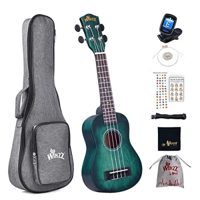 Abbildung von Winzz 21&quot; Sopran Ukulele Anfänger Set Kinderm Erwachsene, Einzigartiges Farbdesign, mit Tasche, Stimmgerät, Zusätzlichen Saiten, Gurt, Noten Aufkleber, Poliertuch Dunkles Cyan