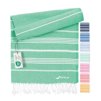 Abbildung von Fit Flip Hamamtuch aus 100% recycelter Baumwolle nachhaltig und natürlich Saunatuch, Strandtuch, Duschtuch, Badetuch, Yogatuch Green 100x200cm Sultan