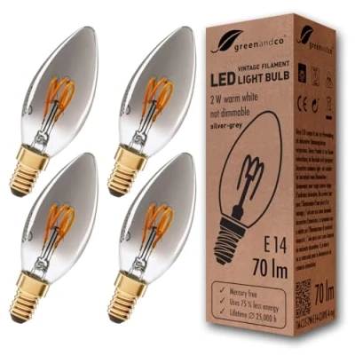 Abbildung von greenandco 4x Vintage Glühfaden LED Kerze silbergrau E14 C35 2W 70lm 1800K extra warmweiß 360 230V nicht dimmbar 2 Jahre Garantie