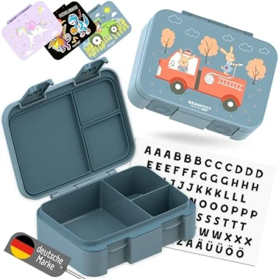 Abbildung von BEARFOOT Bento Box COMPACT BPA freie Kinder Brotdose für Schule &amp; Kindergarten Auslaufsichere Lunchbox Mädchen Jungen Praktisch, leicht kompakt (Feuerwehr blau, 650ml)
