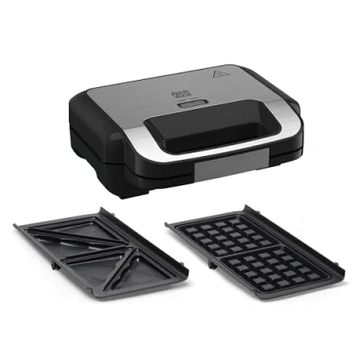 Abbildung von Tefal Jamie Oliver 2 in 1 Sandwich Waffel Kombigerät, Antihaftbeschichtete Platten, spülmaschinengeeignet, Betriebs und Temperaturkontrollleuchte, Kabelaufwicklung, Edelstahl/Schwarz, SW70J810