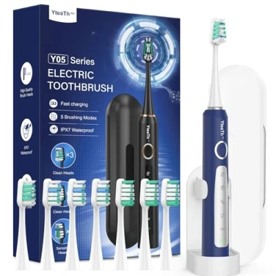 Abbildung von Elektrische Zahnbürste Schallzahnbürste für Erwachsene und Kinder Electric Toothbrush mit 8 Bürstenköpfen 5 Modi. 90 Tagen Akkulaufzeit, 2 Minuten Smart Timer, Reiseetui