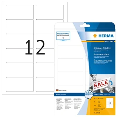 Abbildung von HERMA 10010 Universal Etiketten ablösbar, 25 Blatt, 88,9 x 46,6 mm, 12 pro A4 Bogen, 300 Stück, selbstklebend, bedruckbar, matt, blanko Papier Klebeetiketten Aufkleber, weiß