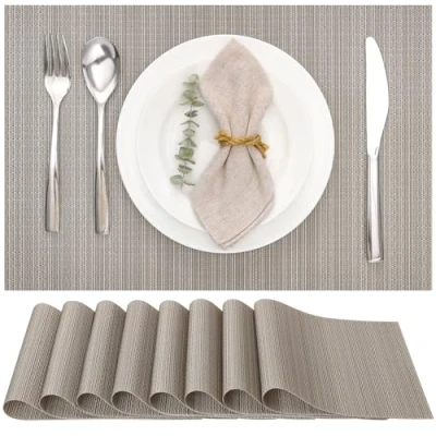 Abbildung von Myir JUN Tischsets Abwaschbar 8er Set,Gewebte Platzdeckchen rutschfest Abgrifffeste Hitzebeständig,Vinyl Platzsets für küche Speisetisch Hotel,Platz Matten 30x45cm (Silber Gold)
