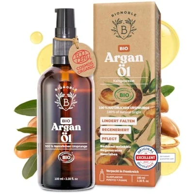 Abbildung von Bionoble Arganöl Bio 100ml 100% Rein, Natürlich und Kaltgepresst Gesicht, Körper, Haar, Bart, Nägel Vegan, Cruelty Free Argan Oil Glasflasche + Pipette Pumpe