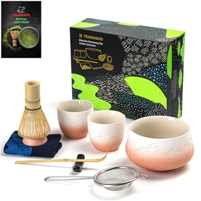 Abbildung von TEANAGOO Matcha Set Schneebesen Schale mit Ausgießer Schaufel Halter Teezubereitungsset. Teeset (7 Stück) + 2 Tassen (5,6 oz), S35, Farbverlauf Rosa Weiß