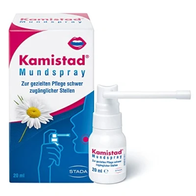 Abbildung von Kamistad Mundspray beruhigendes Spray bei einem gestressten Mund und Rachenraum zur gezielten Pflege schwer zugänglicher Stellen 1 x 20 ml