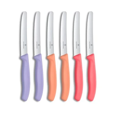 Abbildung von Victorinox Swiss Classic, Frühstücksmesser, Brötchenmesser Set, 6teilig, Scharfe Klinge, Wellenschliff, 11cm, Rostfreier Stahl, Violett, Orange und Pink
