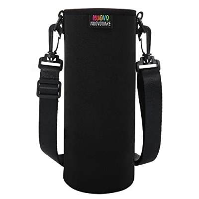 Abbildung von Nuovoware Universal Trinkflasche Tasche Hülle, Neopren Isoliert Wasserflasch Beutel Schutzhülle mit Abnehmba Verstellbar Tragegurt, Ideal für Wandern Laufen Spazieren Trekking XL, Schwarz