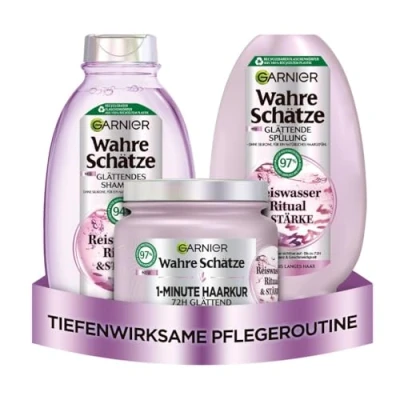 Abbildung von Garnier Wahre Schätze Glättendes Haarpflege Set mit Reiswasser Für mittellanges Haar, mehr Glanz und Geschmeidigkeit, Shampoo (250 ml), Spülung (200 1 Minute Haarkur (340 3 teilig