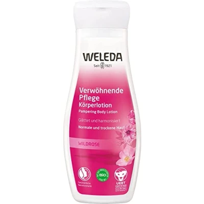 Abbildung von WELEDA Bio Wildrose Bodylotion Naturkosmetik Körperpflege Lotion mit Jojobaöl &amp; Aprikosenkernöl glättet die Haut. Natürliche Körperlotion zur Pflege von normaler trockener Haut (vegan, 200ml)