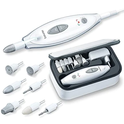 Abbildung von Beurer MP 41 Maniküre / Pediküreset, elektrische Nagelfeile mit 7 Aufsätzen, helles LED Licht, Nagelfräser für gepflegte Nägel, Aufbewahrungstasche, Nagelpflege Hände und Füße, Weiß