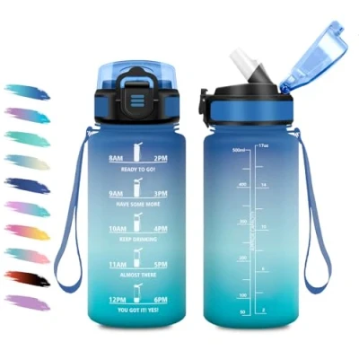 Abbildung von Trinkflasche 500ml, Wasserflasche mit Strohhalm, Auslaufsicher, Einhandöffnung, Kohlensäure Geeignet, Sport Zeitmarkierung, Perfekt für Reisen, Camping, Schule, Radfahren, Büro