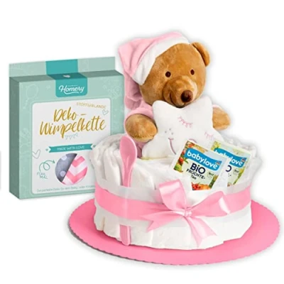 Abbildung von Windeltorte in Rosa mit Kuscheltier und Stoffgirlande für Mädchen, Geschenke zur Geburt die Mutter, Taufe oder Baby Party Geschenkidee neugeborene Windeln Inklusive Glückwunschkarte
