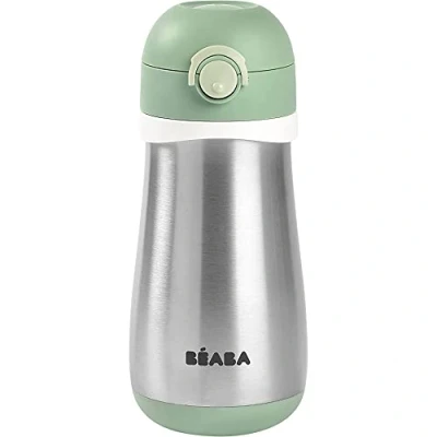 Abbildung von Béaba, Trinkflasche aus Edelstahl für Kinder, 2 in 1, Trinkflasche/Glas, Push Knopf erleichtert das Öffnen, robust, gesund, abnehmbare Griffe, Edelstahl, 350 ml, Salbeigrün