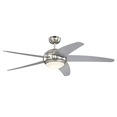 Abbildung von 72069 Bendan LED 132 cm Deckenventilator mit fünf Flügeln, Ausführung seidenmattes Chrom Hammerschlag Effekt, dimmbare Leuchte Opalmilchglas, Fernbedienung enthalten