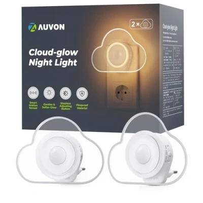 Abbildung von AUVON Sun glow Nachtlicht Steckdose mit Bewegungssensor, 2 Stück Warmweißes LED 1 50 lm, Helligkeit Einstellbar für Kinderzimmer, Schlafzimmer, Gang, Küche (Wolken)