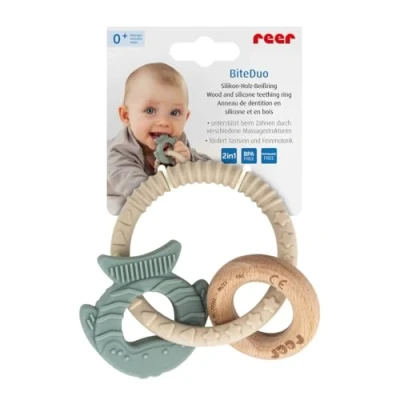 Abbildung von BiteDuo Silikon Holz Beißring für Babys Baby Zahnungshilfe Motorikspielzeug