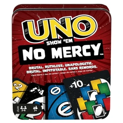 Abbildung von Mattel Games UNO No Mercy Kartenspiel in Einer Aufbewahrungsdose zum Mitnehmen für Kinder, Erwachsene und Familienabende mit zusätzlichen Karten, Sonderregeln härteren Strafen, HXT57