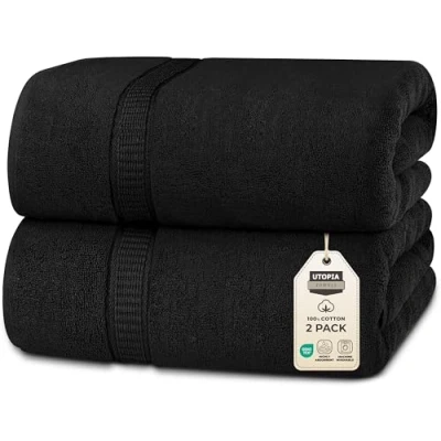 Abbildung von Utopia Towels 2er Badetücher Groß aus Baumwolle mit Aufhänger, Saunatücher,Badehandtücher Groß, Handtücher 90 x 180 cm (Schwarz)