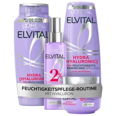 Abbildung von L&#039;Oréal Paris Elvital Germany&#039;s Next Topmodel Haarpflege Routine für feuchtigkeitsbedürftiges Haar: Hydra Hyaluronic Set mit Shampoo 300ml, Spülung 250ml, Serum 150ml und Maske 300ml