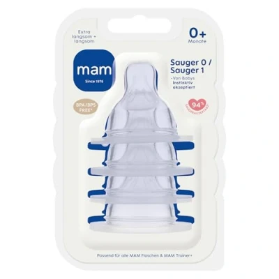 Abbildung von MAM Sauger 0 + 1 im 4er Set Flaschensauger (Durchflussrate langsam) Speziell für Neugeborene Besonders weicher Trinksauger Kompatibel mit allen Flaschen &amp; Trainer