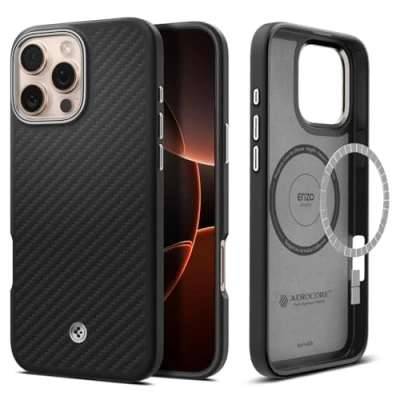 Abbildung von Spigen für iPhone 16 Pro Max Hülle [Kevlar 1500D Schutz] Enzo Aramid MagFit Aramidfaser Dünn Slim Stoßfest Schutzhülle Case Handyhülle Kompatibel mit MagSafe Black Silver