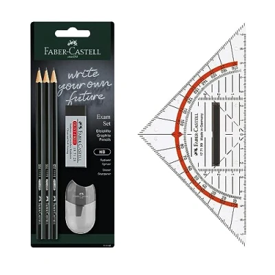 Abbildung von FABER CASTELL 205067 Bleistift Exam Set mit Geodreieck 14 cm, Bleistifte HB, Radiergummi und Spitzer