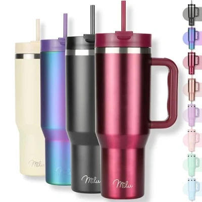 Abbildung von Milu Thermobecher 1200ml mit Strohhalm und Henkel 48h Eis/24h kalt/12h heiß Edelstahl Tumbler 40oz Griff Isolierbecher to go Isolierflasche Trinkflasche doppelwandig isoliert (Berry, 1,2L)