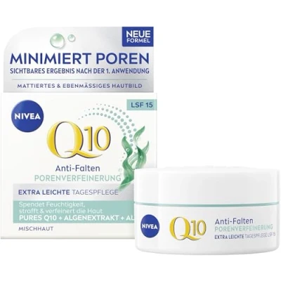 Abbildung von NIVEA Q10 Anti Falten PORENVERFEINERUNG Extra Leichte Tagespflege, straffende Tagescreme mit LSF 15, Gesichtspflege für Mischhaut Q10, Algenextrakt und Aloe (50 ml)
