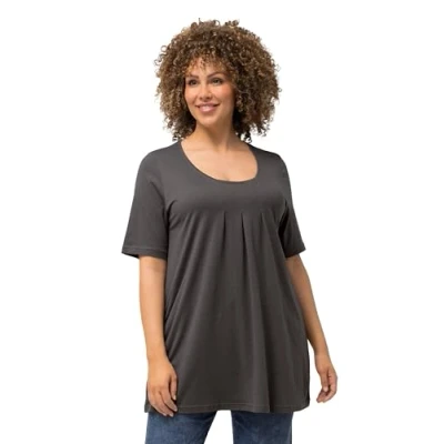 Abbildung von Ulla Popken Damen, Zierfalten, A Linie, Rundhals, Halbarm, Modal T Shirts, Graphitgrau, 50 52 EU