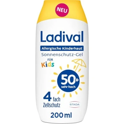 Abbildung von Ladival Kinder Sonnenschutz Gel LSF 50+ für allergische Kinderhaut Sonnencreme wasserfester UV Schutz empfindliche Baby und Kinderhaut, bei Sonnenallergie, pflegend, ab 6 Monaten geeignet,200ml