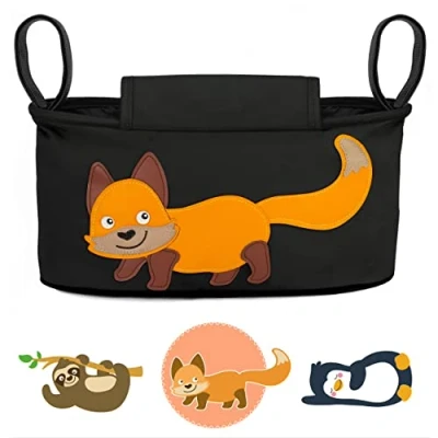 Abbildung von GLÜCKSWOLKE Kinderwagen Organizer 12 Motive, Kinderwagentasche verschließbar, Kinder Buggy Tasche mit Feuchttuchspender, Baby Stroller Bag Fuchs, Aufbewahrungstasche (Willi Wildfuchs, schwarz)