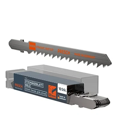 Abbildung von Presch Stichsägeblätter Holz 10 Stk. Extrem schneller, gerader Schnitt (5 50mm) Profi Stichsägeblatt Set T Schaft für jede Stichsäge Sägeblätter Küchenarbeitsplatten, OSB, uvm.