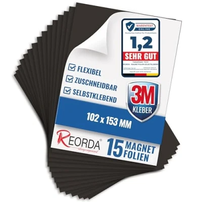 Abbildung von Reorda Magnetfolie selbstklebend 15er Set Magnetpapier mit starkem 3M Kleber Magnetplatte zuschneidbar für Kühlschrank, Tafeln &amp; Poster Magnetische Folie für&#039;s Basteln