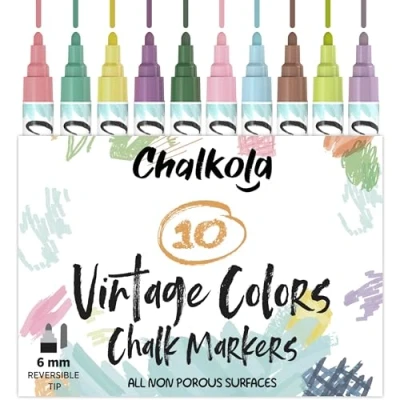 Abbildung von Chalkola Vintage Kreidestifte für Tafel Abwaschbar 10 Kreidemarker Pastell 6mm Umkehrbare Spitze Kreide Stift Fenster, Tafel, Keramik &amp; als Glasstift. Chalk markers Erwachsene Kinder