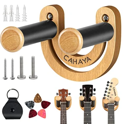 Abbildung von CAHAYA Gitarren Wandhalterung mit verstellbarem U förmigem Haken 5 Plektren und 1 Plektrentasche für Akustik E Bass Banjo Ukulele Mandoline CY0297