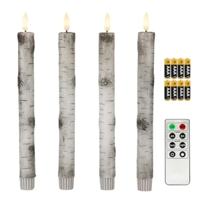 Abbildung von 4er Set LED Birke Stabkerzen Tafelkerzen 3D Flamme mit Timerfunktion, Fernbedienung und Batterien enthalten
