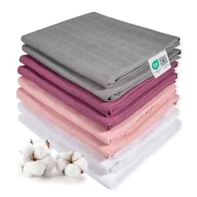 Abbildung von Makian 8 Stück Baby Mullwindeln 80x80 cm Set Spucktücher/Mulltücher doppelt gewebt, weich aus 100% Baumwolle, OEKO TEX® Standard 100 geprüft, maschinenwaschbar Orchidee Grau Weiß
