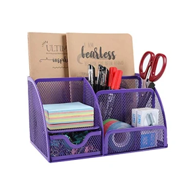 Abbildung von EasyPAG 7 Fächer Metall Schreibtisch Organizer Stiftehalter Stiftköcher Vielseitig Utensilienschalen Büro Organisation Zubehör Ablage mit Schublade,Violett