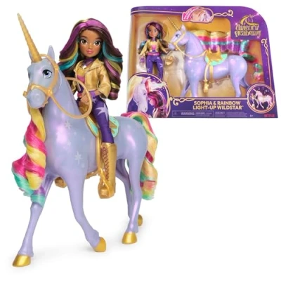 Abbildung von Unicorn Academy Sophia und Licht Magie Wildstar ca. 28 cm großes Einhorn mit Soundeffekten 24 große vollbewegliche Ankleidepuppe zur beliebten Netflix Serie, für Kinder ab 4 Jahren