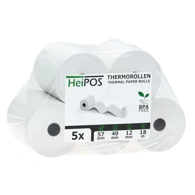 Abbildung von HeiGroup HeiPOS 5x Thermorollen BPA frei (B/Ø) 57mm / 40mm Länge 18m, Kern Ø 12mm, Flächengewicht 52 g/m2, Dicke 60 µm, 10 Jahre Haltbarkeit