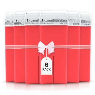 Abbildung von DERMAWAX 6x 100 ml Pink Roll On Wax Nachfüllset Warmwachs für empfindliche Haut ideal Achseln Beine Rücken Arme &amp; Brust Cremige Konsistenz geeignet Universal Kartuschenwachserhitzer
