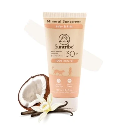 Abbildung von Suntribe Mineralische Baby &amp; Kinder Bio Sonnencreme LSF 30/100 ml, Parfümfrei 100% Natürlich Riffsicher, Nanofreies Zinkoxid, Wasserfest &quot;Bester Mineralischer Sonnenschutz&quot; (The Independent)