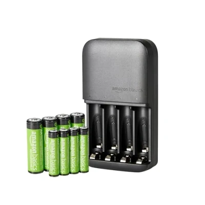 Abbildung von Amazon Basics wiederaufladbar NiMh Batterien, (4 AA &amp; 4 AAA) mit Batterieladegerät für EU Stecker, 8 Stück, Schwarz